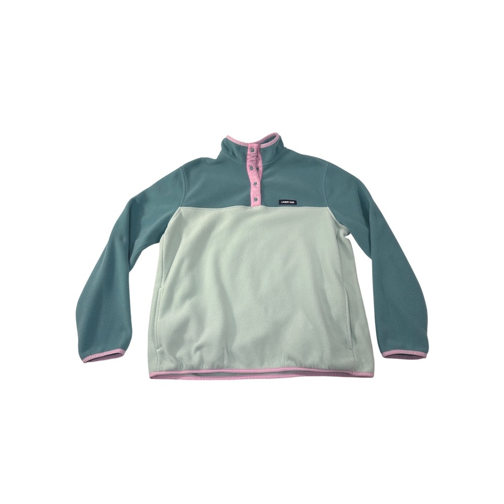 Lands End Kids Fleece Pullover Snap Mock Neck Teal Green Pink L 14-16 Colorblock - Picture 1 of 8